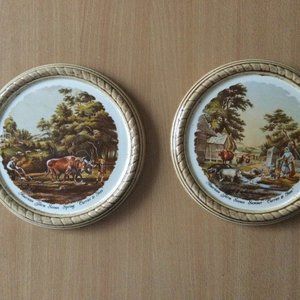 2 Vintage plates American farm scene Spring & Summer currier & Ives signed Joan